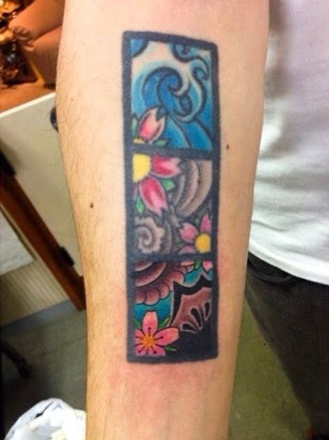 John Mayer colorful 3 square tattoo