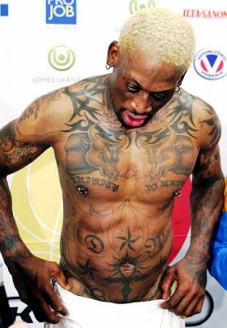 Dennis Rodman's amazing tattoos include a woman eating her own privates,  two giant angry bulls, and various tribal ink – The Sun