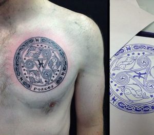 cool pisces themed mens circle upper chest tattoos compressed