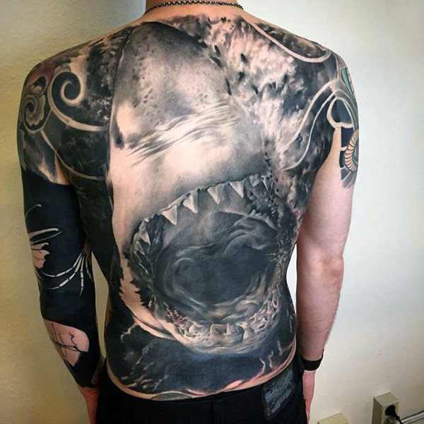 Full Back Guys Shark Badass Tattoo Designs  