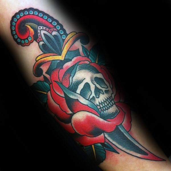 american traditional skull and dagger tattoos