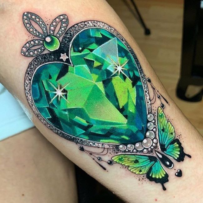 'Butterfly with Heart Shaped Gemstone' Tattoo