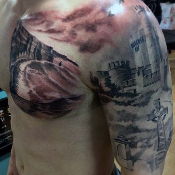 1 amazing realistic watercolor irish castle guys half sleeve and chest tattoo