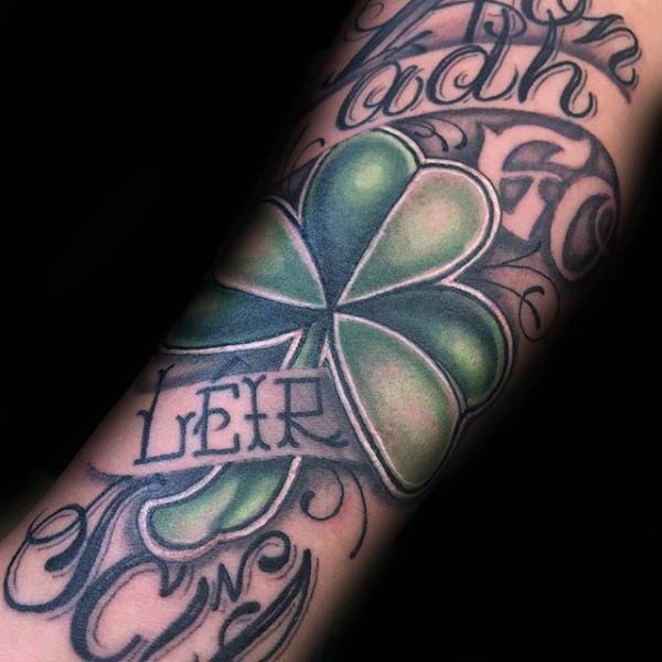 28 green irish three leaf clover mens forearm sleeve tattoo