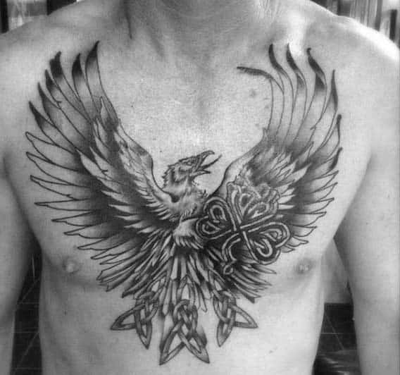 35 irish eagle with celtic knot mens chest tattoos