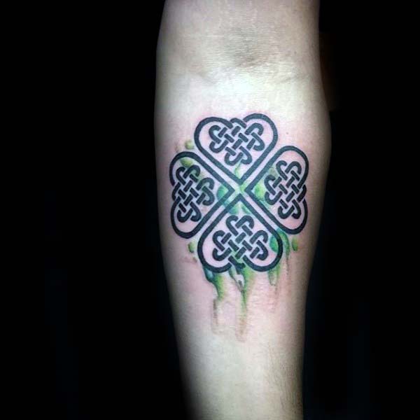 9 four leaf clover with green watercolor deisgn and black knots guys irish tattoos