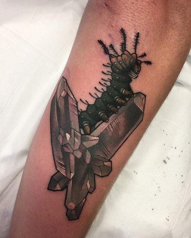 'Caterpillar laying on a Crystal Cluster' Tattoo