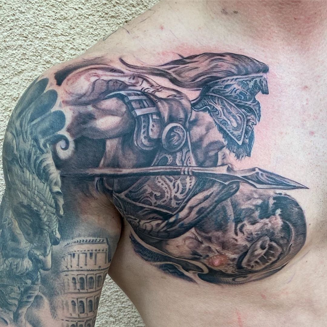 Spirited Spartan Tattoo Design On Shoulder.