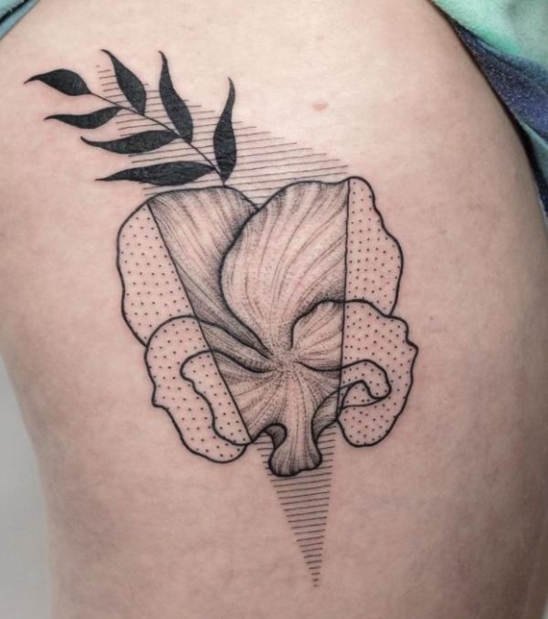 Artistic Pansy Tattoo Design On Thigh