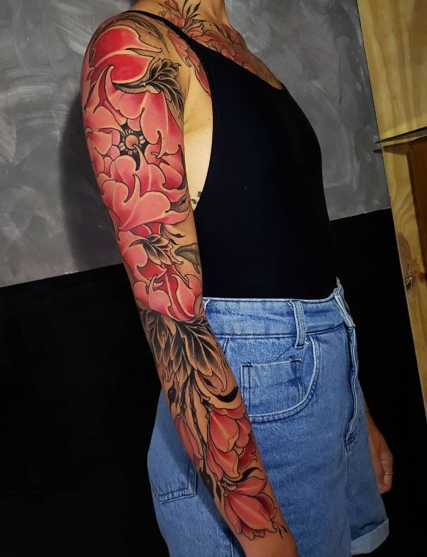 Beautiful Peony Tattoo Design On Full Sleeve