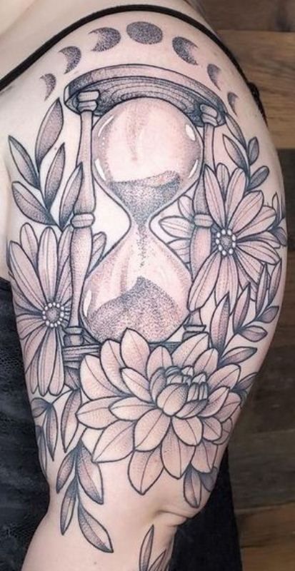 Dahlia With Hourglass Tattoo Design On Upper Arm 