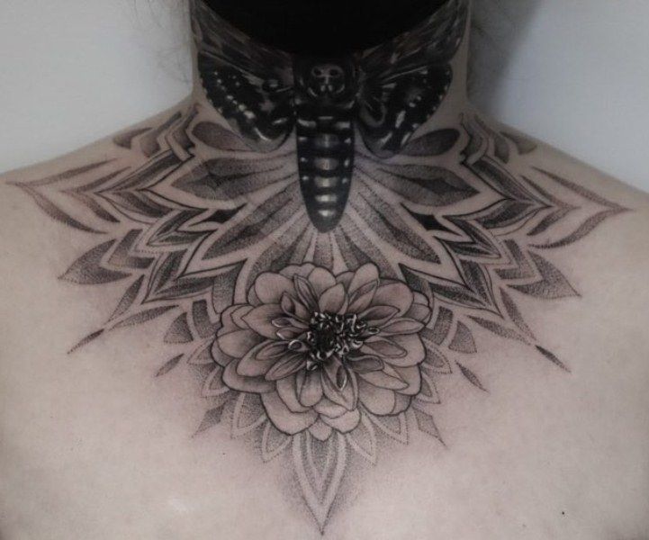 Dahlia With Moth Tattoo Design On Body