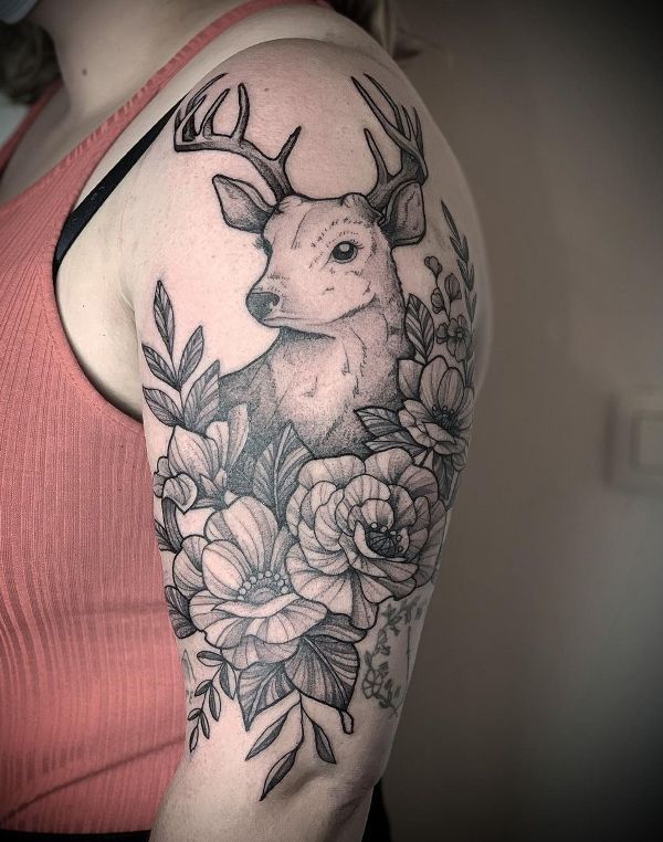Deer with Peony Tattoo Design On Arm