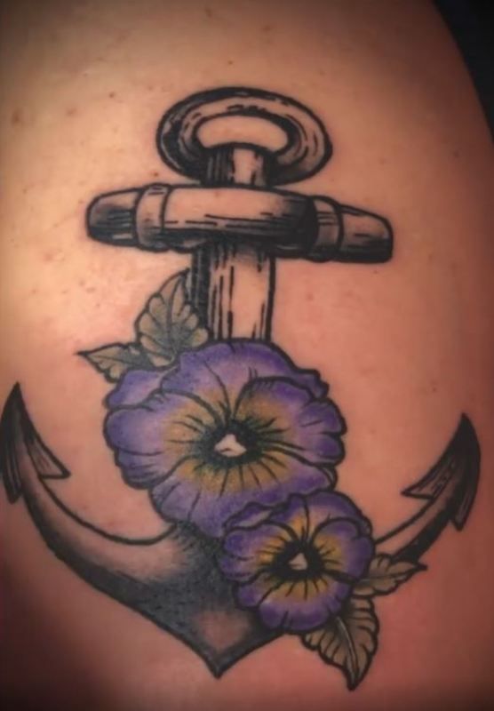 Pansy with Anchor Tattoo Design On Thigh