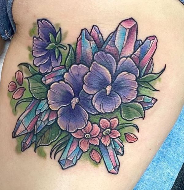 Pansy with Crystal Tattoo Design On Thigh