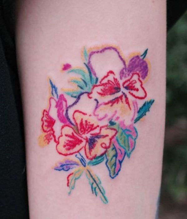 Pencil Color-Pansy Tattoo Design On Arm
