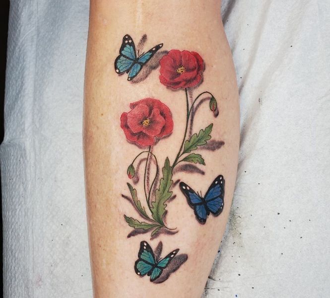 Aesthetic Poppy Tattoo Design On Leg