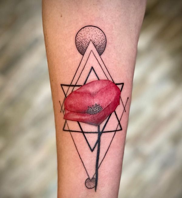 Geometric Poppy Tattoo Design On Arm