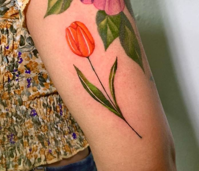 Orange Tulip Tattoo Design on Forearm