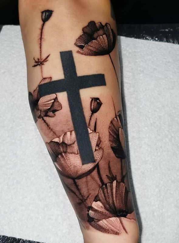 Poppy With Cross Tattoo Design On Leg