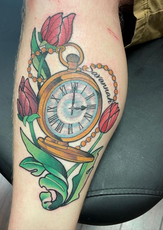 Tulip with Clock Tattoo Design on Calf