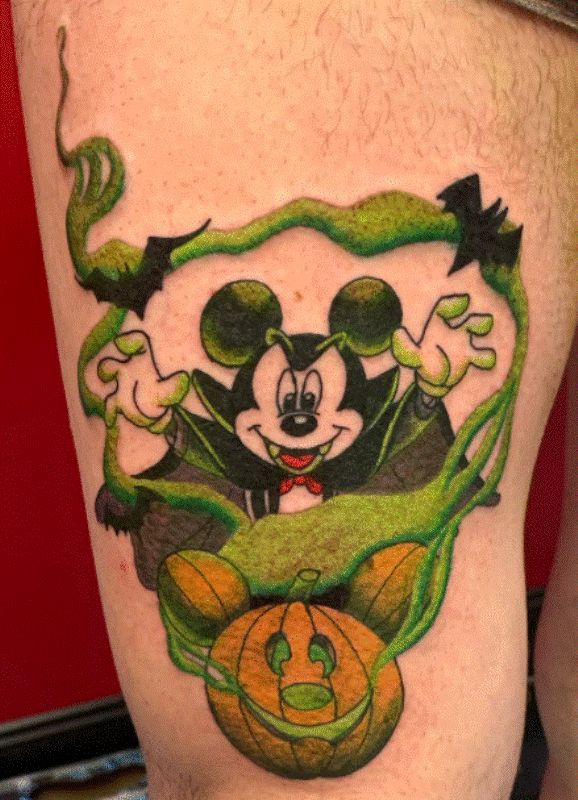 Halloween-Theme Mickey Mouse Tattoo Design on Thigh