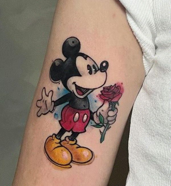 Mickey Mouse holding a Rose Tattoo Design on Arm