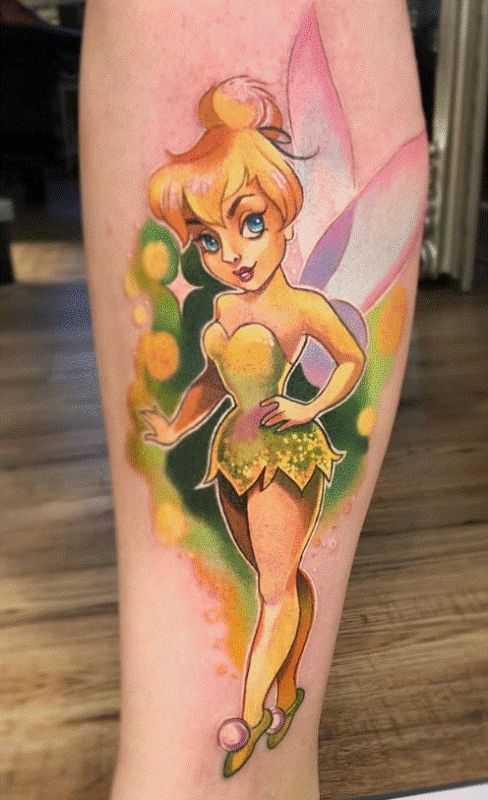 Glittery Tinker Bell Tattoo Design on Leg