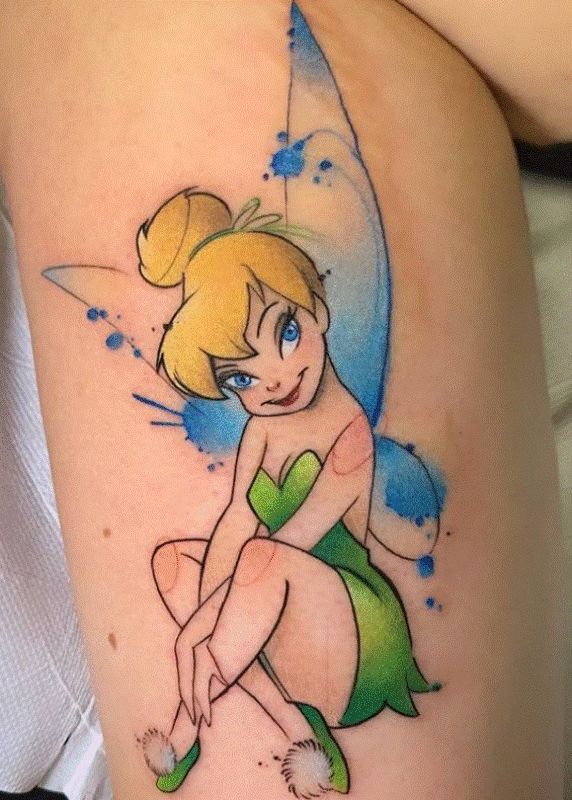 Lovely Tinker Bell Tattoo Design on Thigh