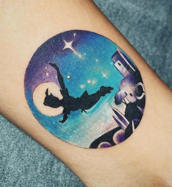 Night-Theme Peter Pan Tattoo Design on Leg