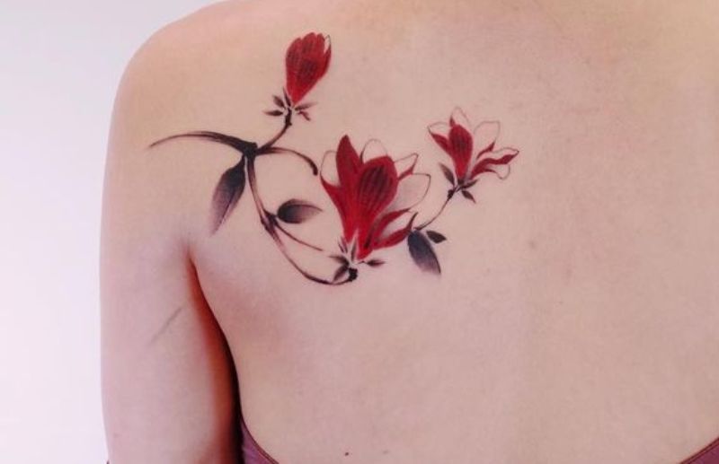 Scarlet Magnolia Tattoo Design On Shoulder Blade
