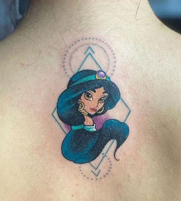 Jasmine with Geometrical Shapes Tattoo Design on the Back