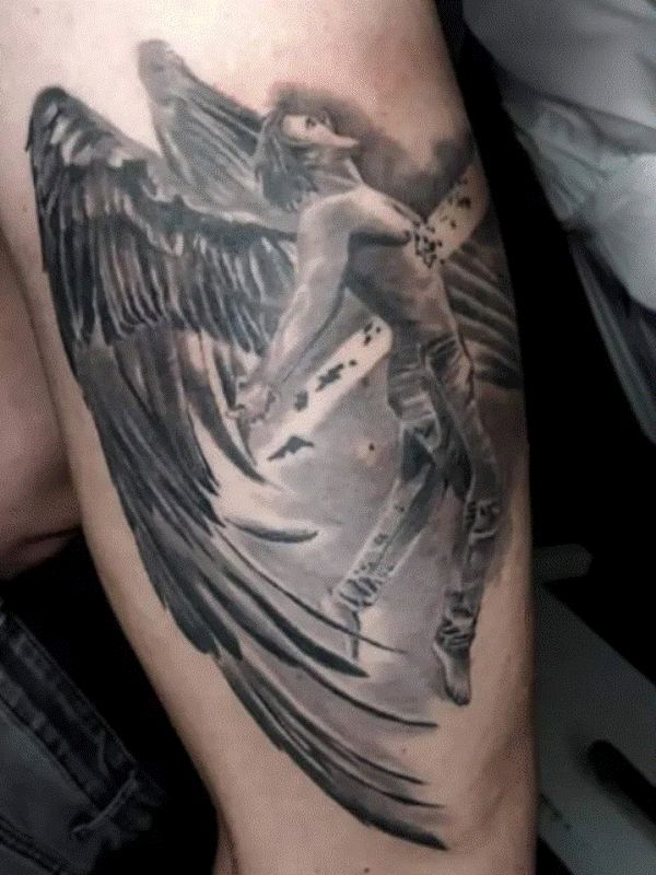 Distraught Lucifer Tattoo Design on Thigh