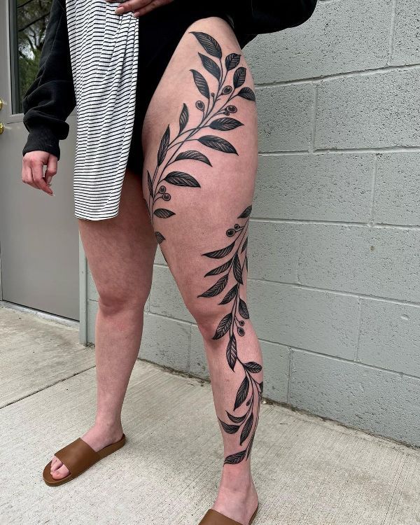 Leafy Olive Branch Tattoo Design on the Leg