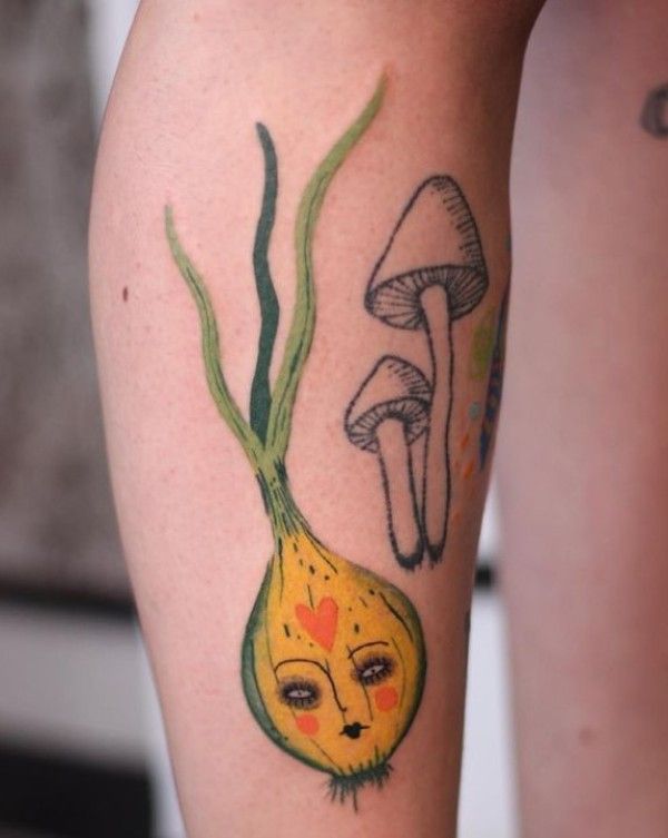 Naive Art Onion Tattoo Design on the Leg